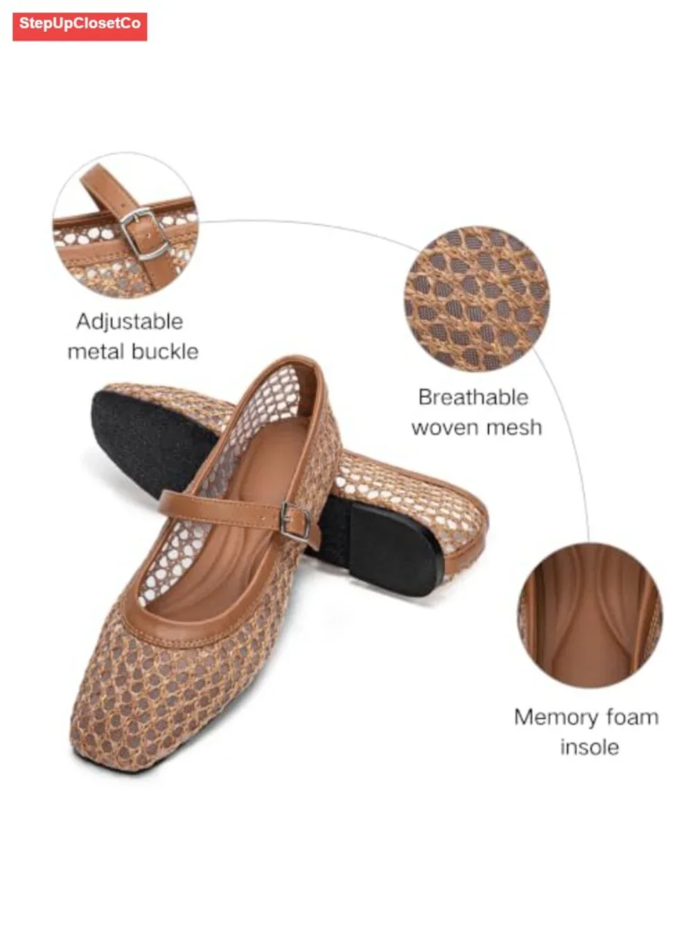 Woven Mary Jane Flats Comfortable Square Toe Mesh Ballet Shoes